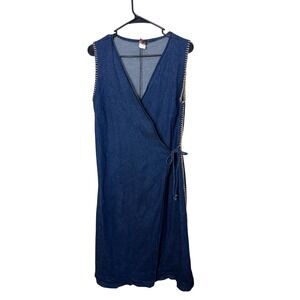 Pa Pa's USA Women Denim Wrap Dress Sleeveless Midi Blue Tan Stitching Size M